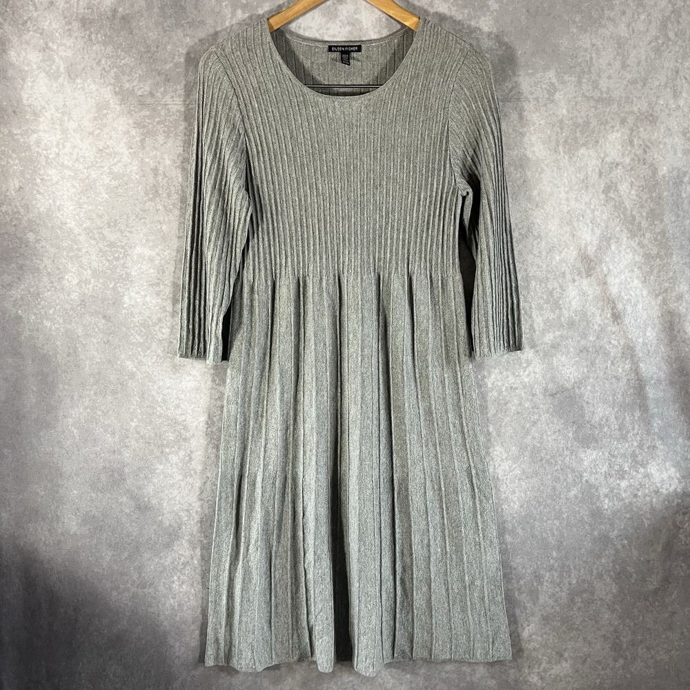 Eileen Fisher Sweater Dress Women XS Grey Ribbed Wool 3/4 Sleeve A-Line